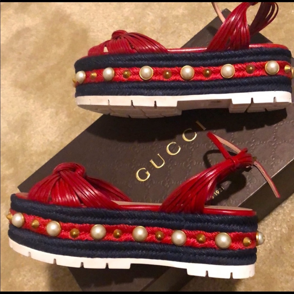 Gucci Barbette Pearl Studded Platform Sandals